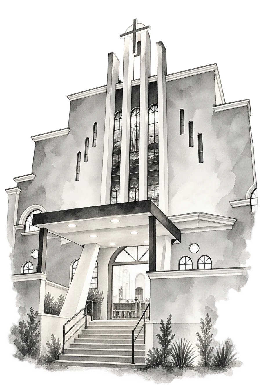 Aquarela da fachada da Igreja Nossa Senhora de Fátima, com sua torre e cruz